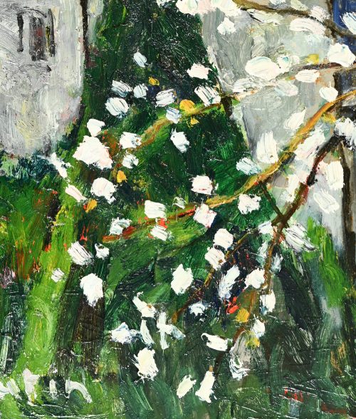 Le coin du jardin, pommier en fleurs
