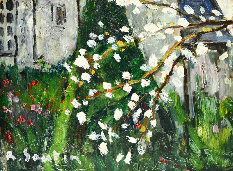 Le coin du jardin, pommier en fleurs